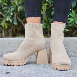 Women's Chunky Block Heel Sock Boots Nude Color